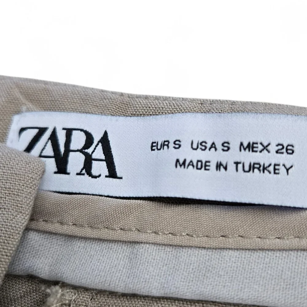 Zara Wide Leg Pleated Pants Women's Khaki Linen Blend S